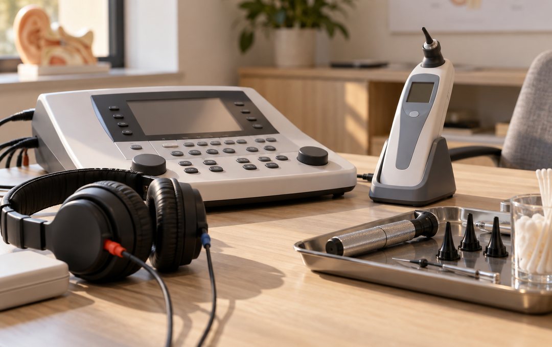 Audiomètre, casque et instruments de mesure sur le bureau du cabinet