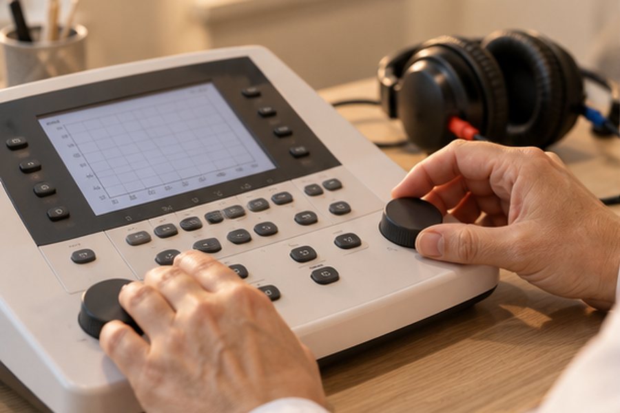 Les mains de l'audiologue règlent l'audiomètre