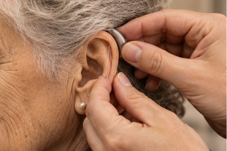 Mise en place d'une aide auditive derrière l'oreille d'une patiente