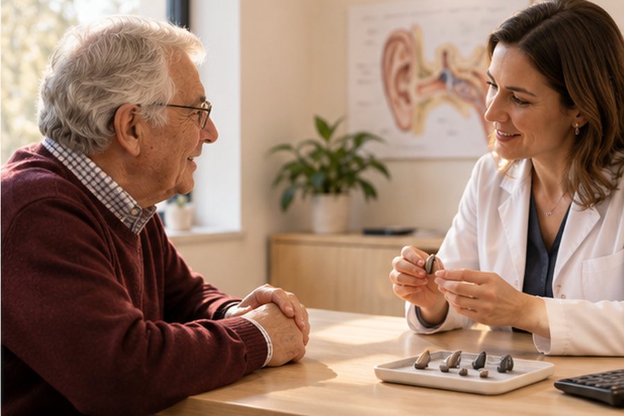 Un patient et son audiologue discutent autour d'une table