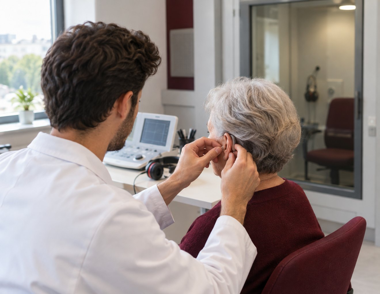 Un audiologue place un appareil auditif derrière l'oreille d'une patiente, devant la cabine d'audiométrie du cabinet